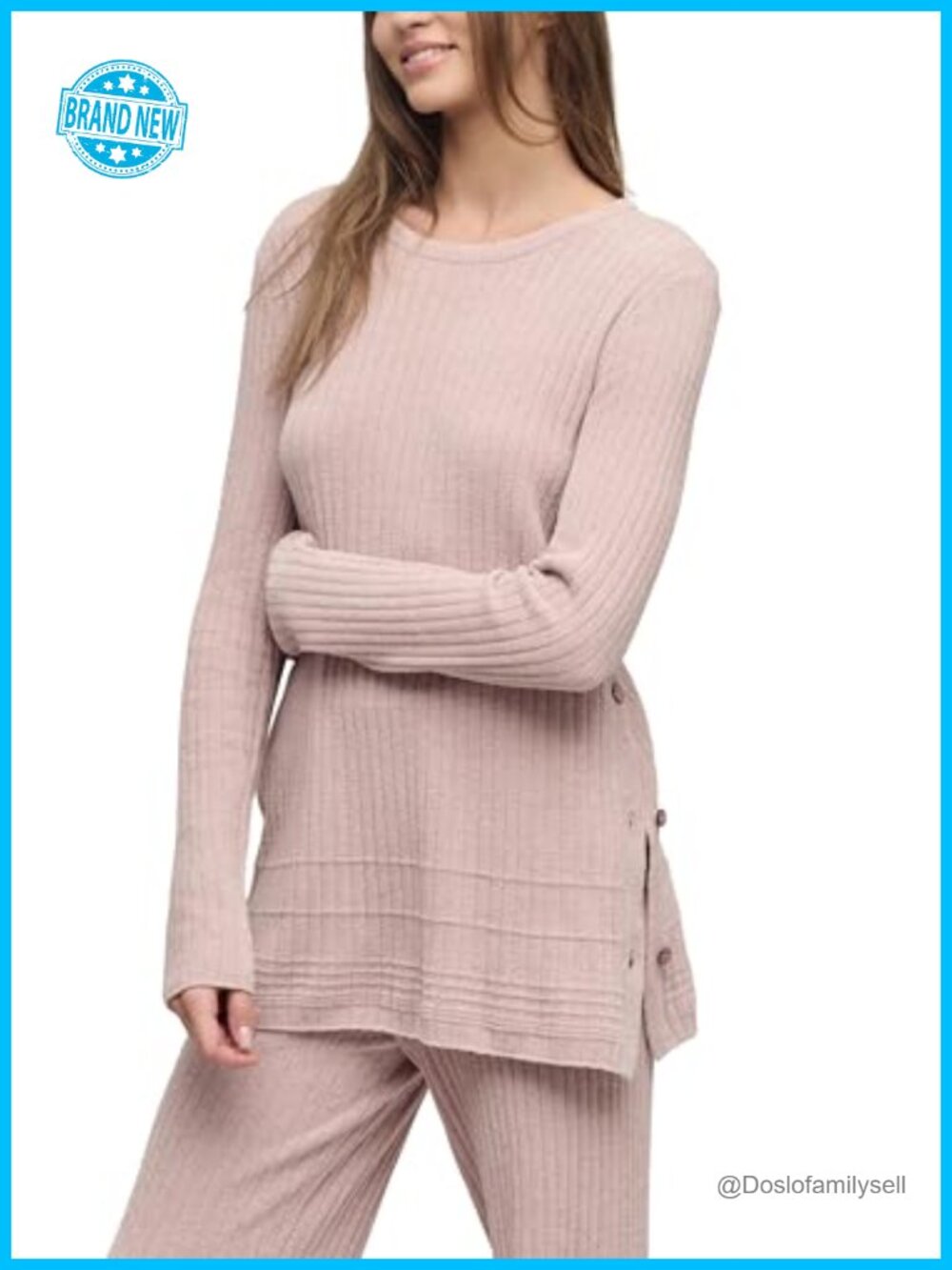 CozyChic Ultra Lite Textured Rib Pullover Button Side Seam Crew Neck